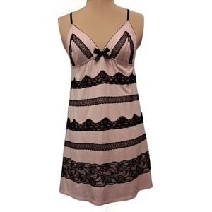 Victoria's Secret Y2K Light Baby Pink Black Lace Babydoll Cami Mini Dress Size L